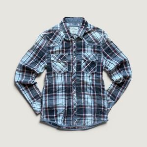 BKE Mens Medium Tailored Fit Plaid Western Pearl Snap Shirt Black M Distressed
